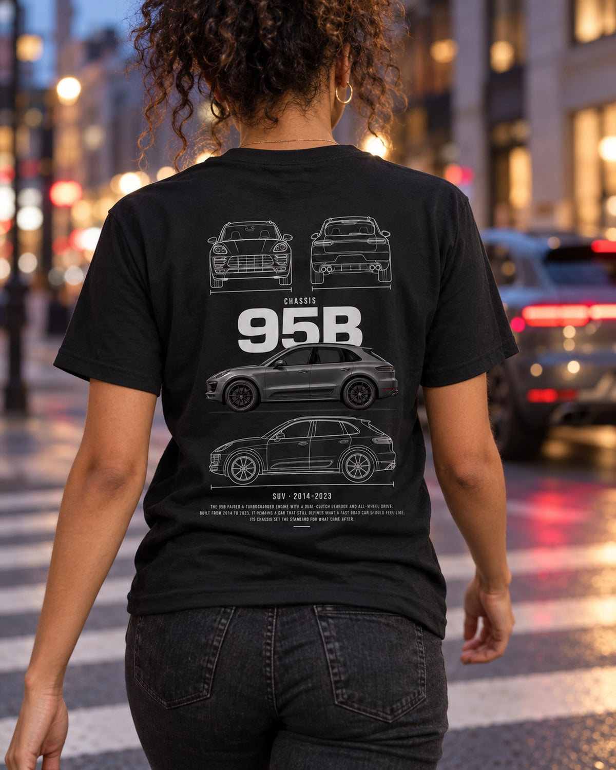 Porsche Macan GTS Blueprint Full-Back Graphic Tee, 95B Chassis Code T-Shirt Black worn hero