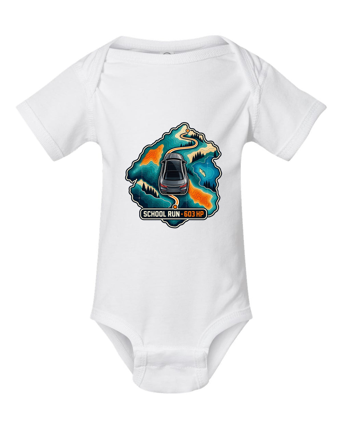 Topographic route map graphic reading School Run 603 HP for a Mercedes E63 W213, print white baby onesie front view with the design