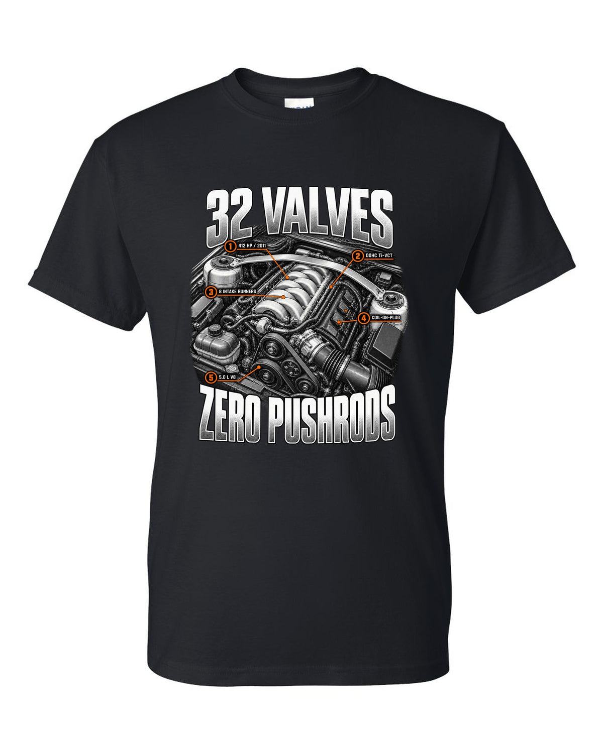 Engine hero print of a Ford Mustang S197 GT 5.0 Coyote engine, 2011-14 black t-shirt front view with the design