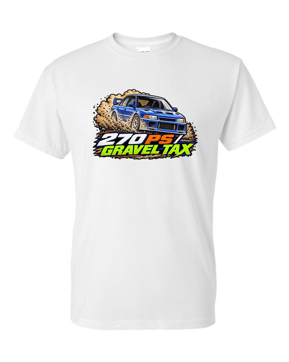 Mitsubishi Lancer Evolution III CE9A in grainy 90s rally magazine halftone, 270 PS / GRAVEL TAX white t-shirt front view with the design
