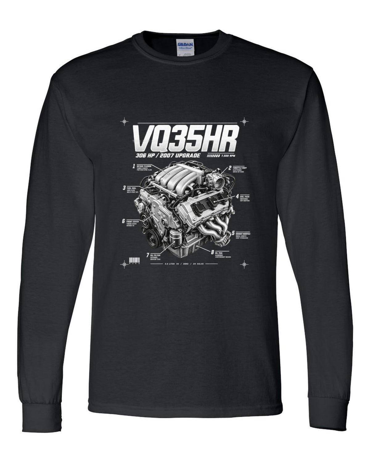 print of a Nissan 350Z Z33 VQ35HR engine plate with 306 HP and 7,500 RPM black long sleeve front view with the design
