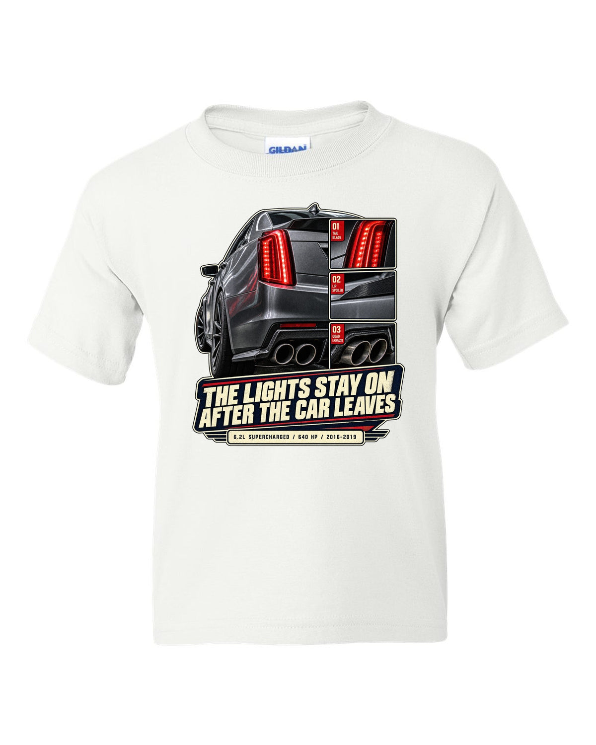 Rear taillight close-up print of a 2016-19 Cadillac CTS-V white kids tee front view with the design