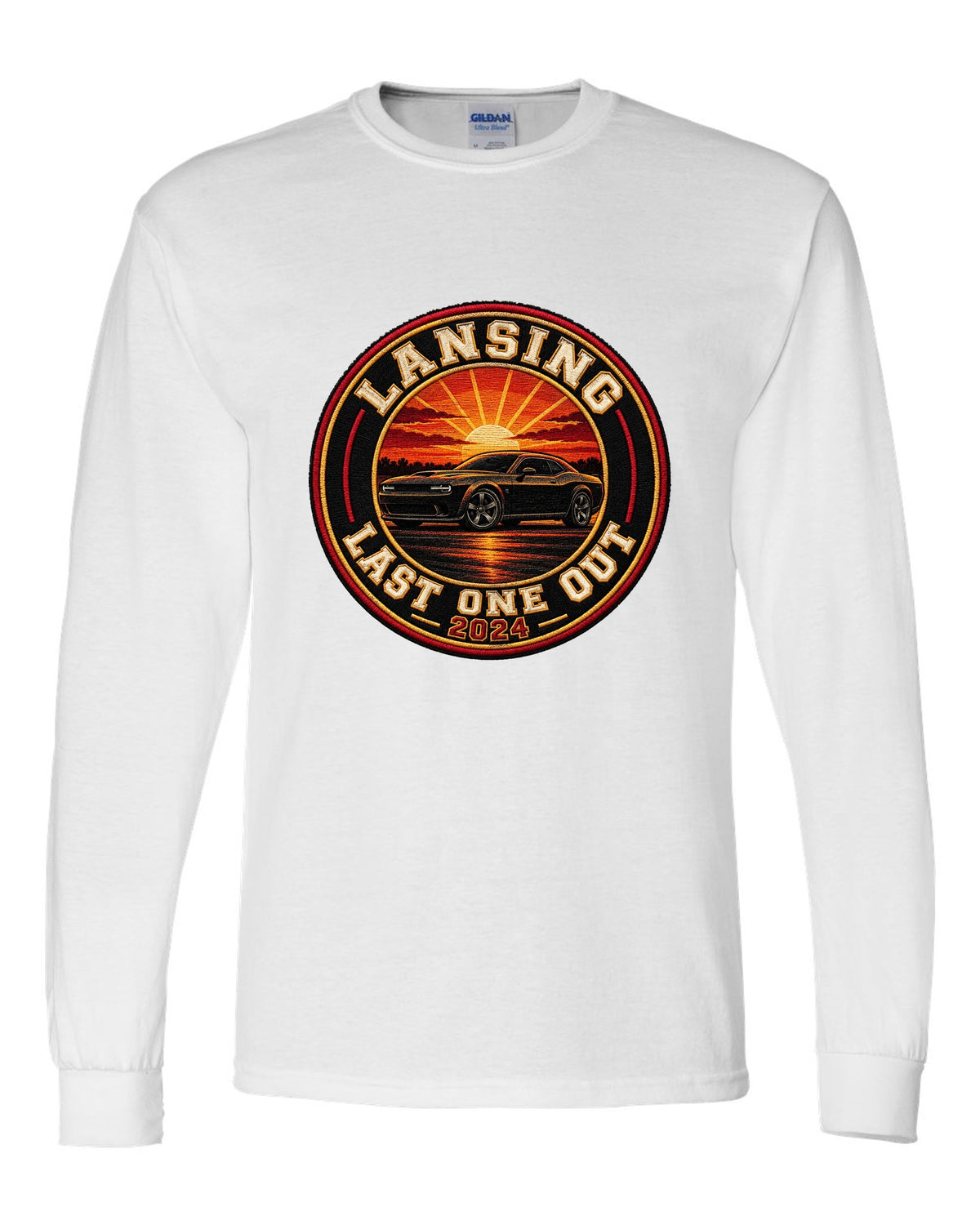 2023 Chevrolet Camaro varsity crest print reading Lansing Last One Out 2024 white long sleeve front view with the design