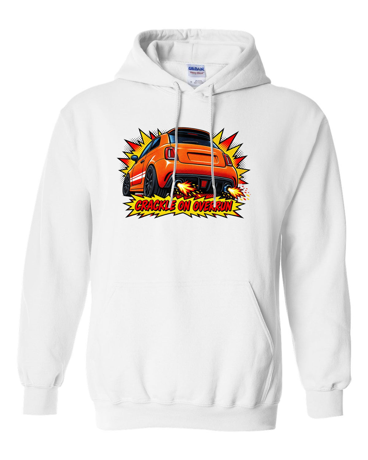 Comic halftone art of a Fiat 500 Abarth with crackle on overrun lettering white pull over hoodie front view with the design