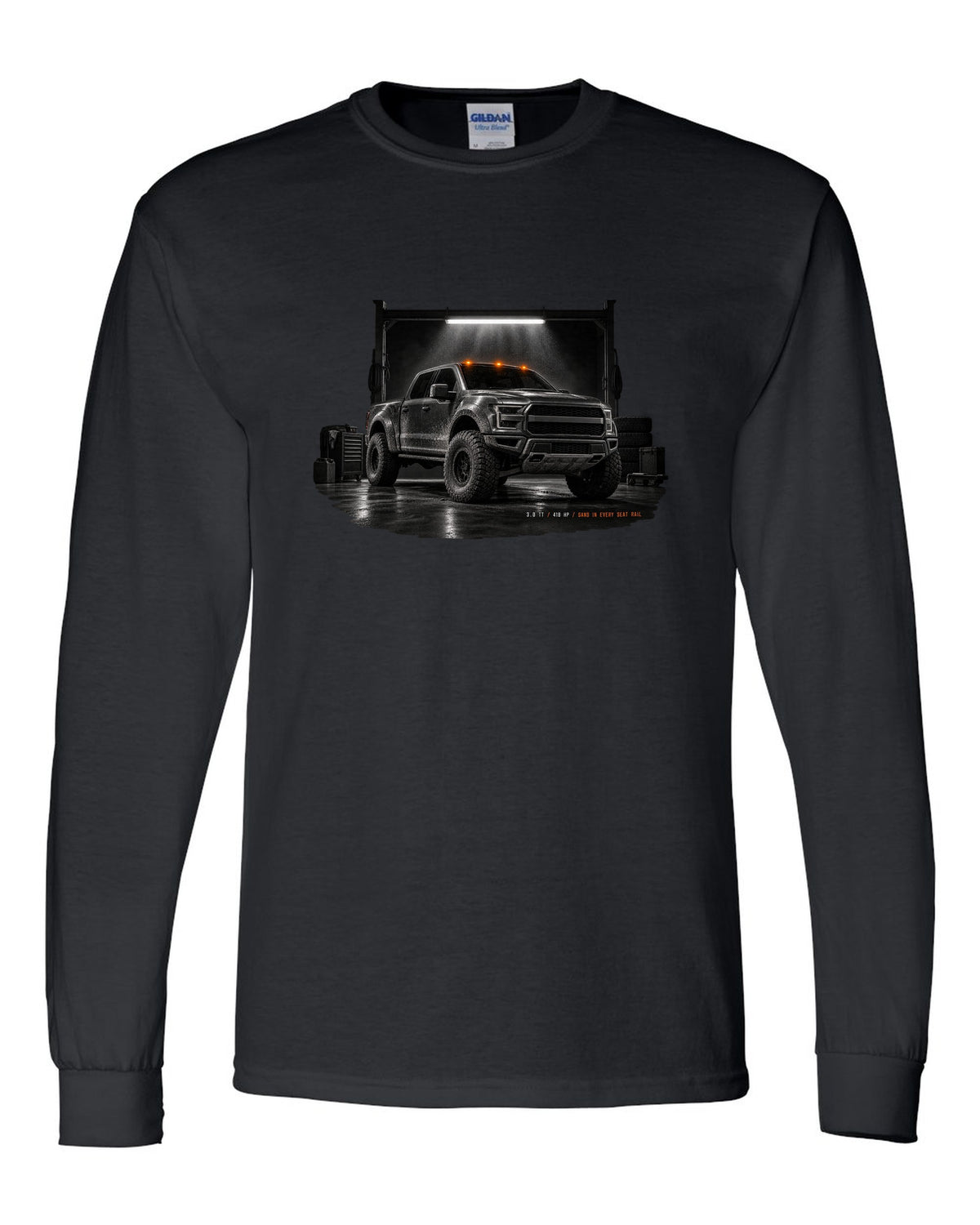Ford Bronco Raptor 2022 U725 garage night print with 3.0 TT and 418 HP text black long sleeve front view with the design