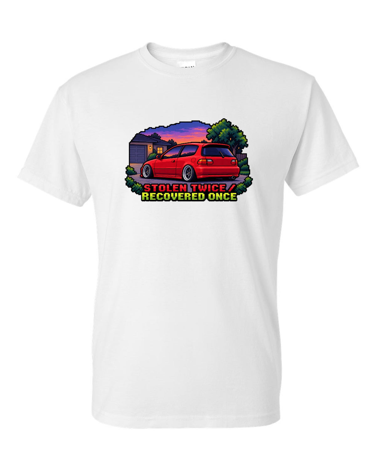 16-bit pixel art Honda Civic EG6 SiR print with stolen twice text white t-shirt front view with the design