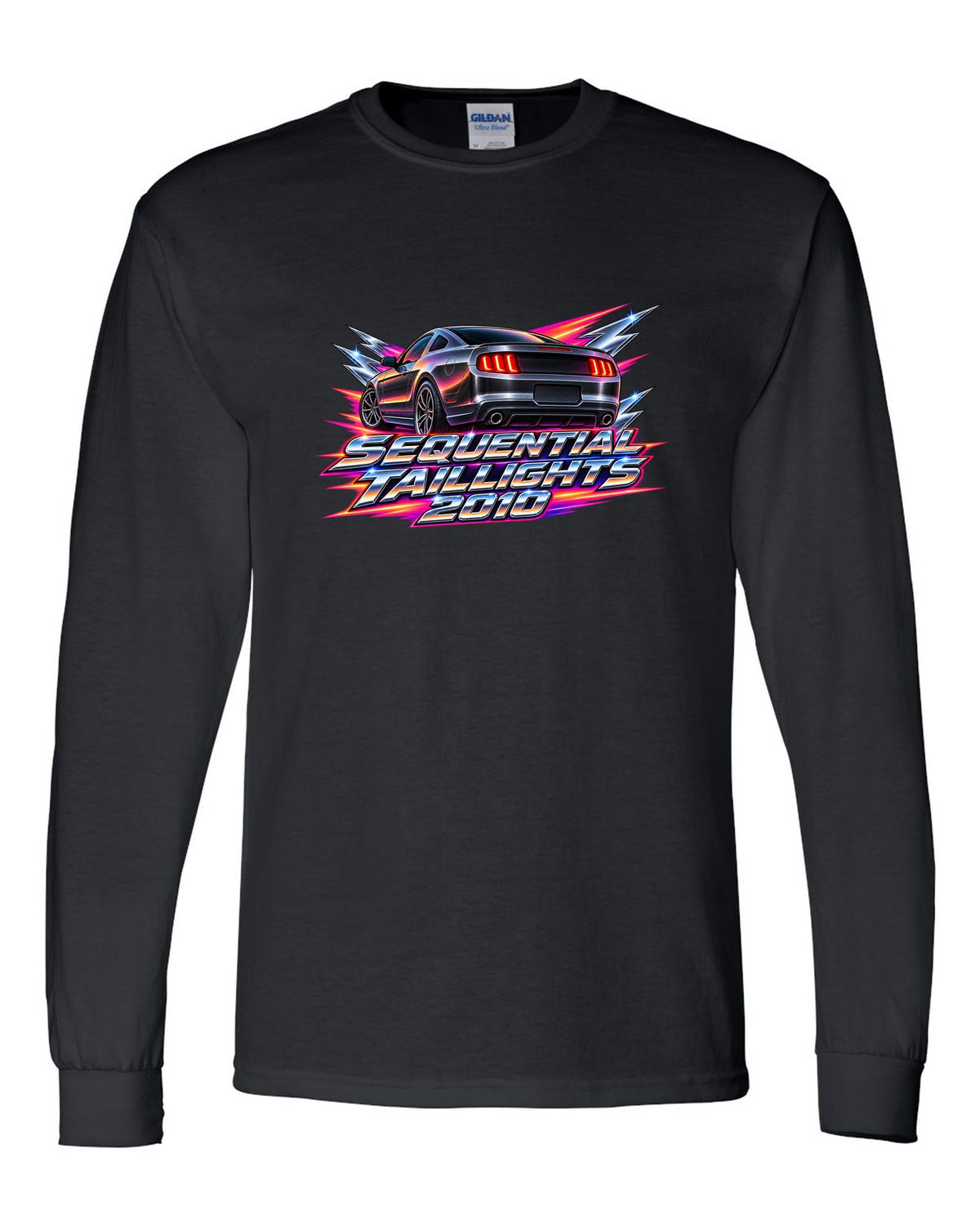 80s airbrush chrome 2005-2014 S197 Ford Mustang fastback with sequential taillights text black long sleeve front view with the design