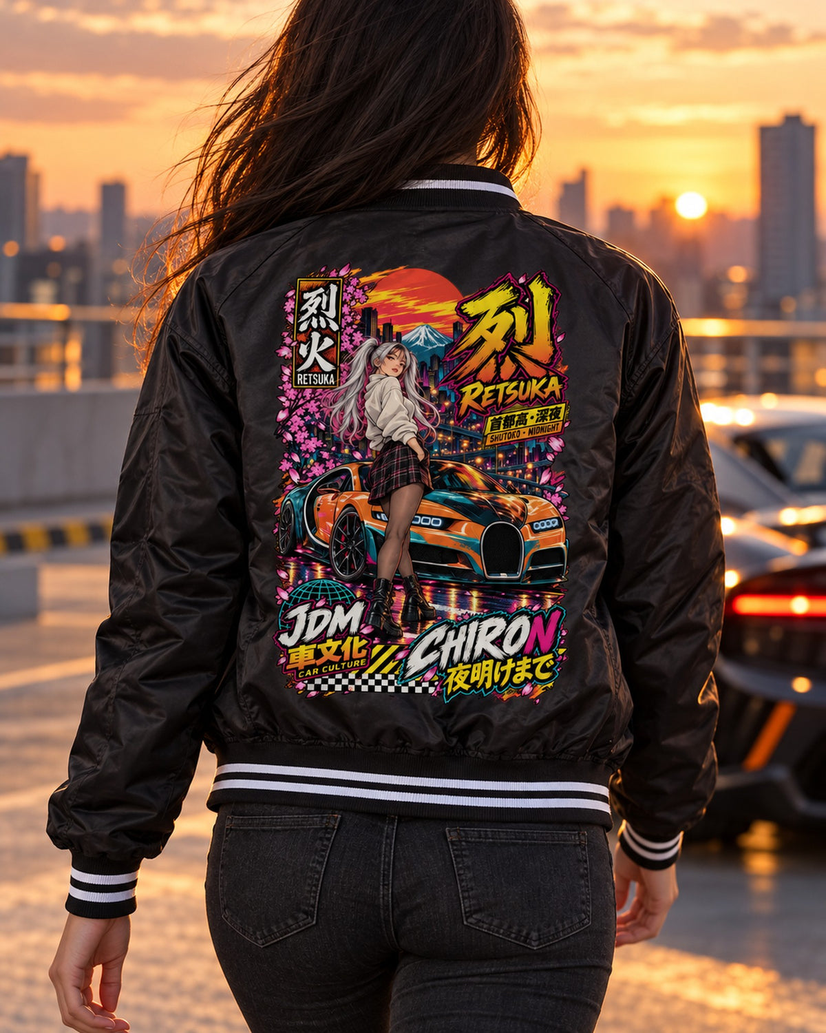 RETSUKA CHIRON Anime Girl Full-Back Graphic Tee Bomber Jacket Black worn hero