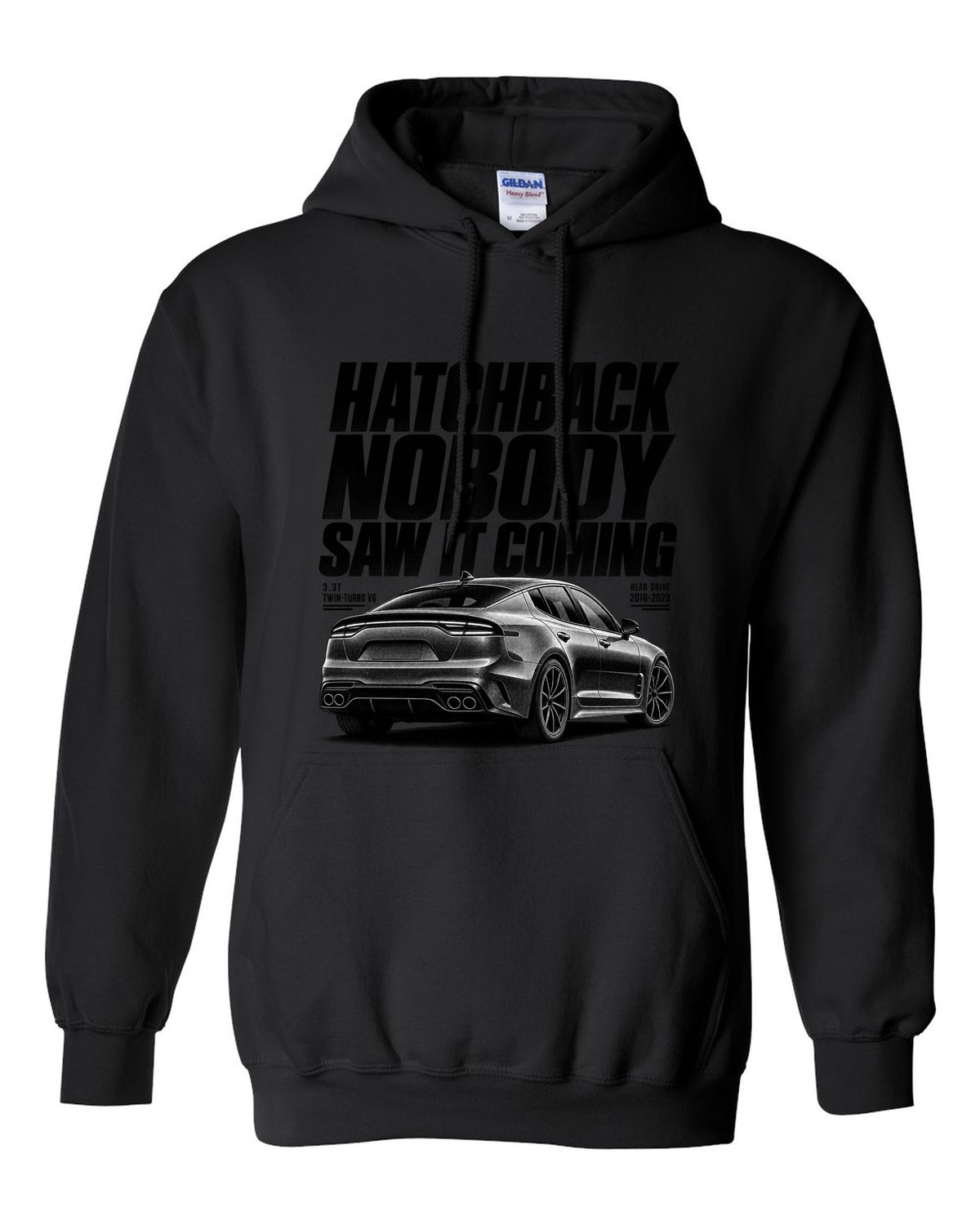 Halftone print of a Kia Stinger GT CK rear three-quarter low angle with chback text black pull over hoodie front view with the design