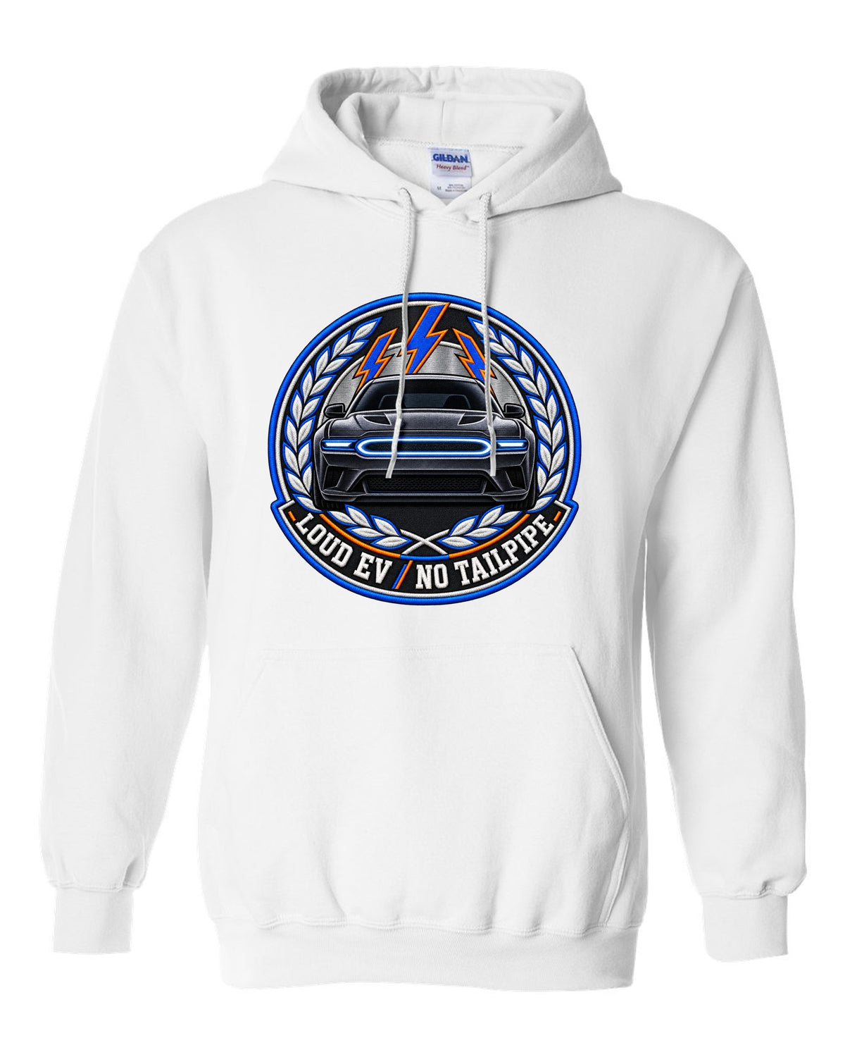 Embroidery-style varsity crest for the 2024 Dodge Charger Daytona EV with loud EV no tailpipe text white pull over hoodie front view with the design