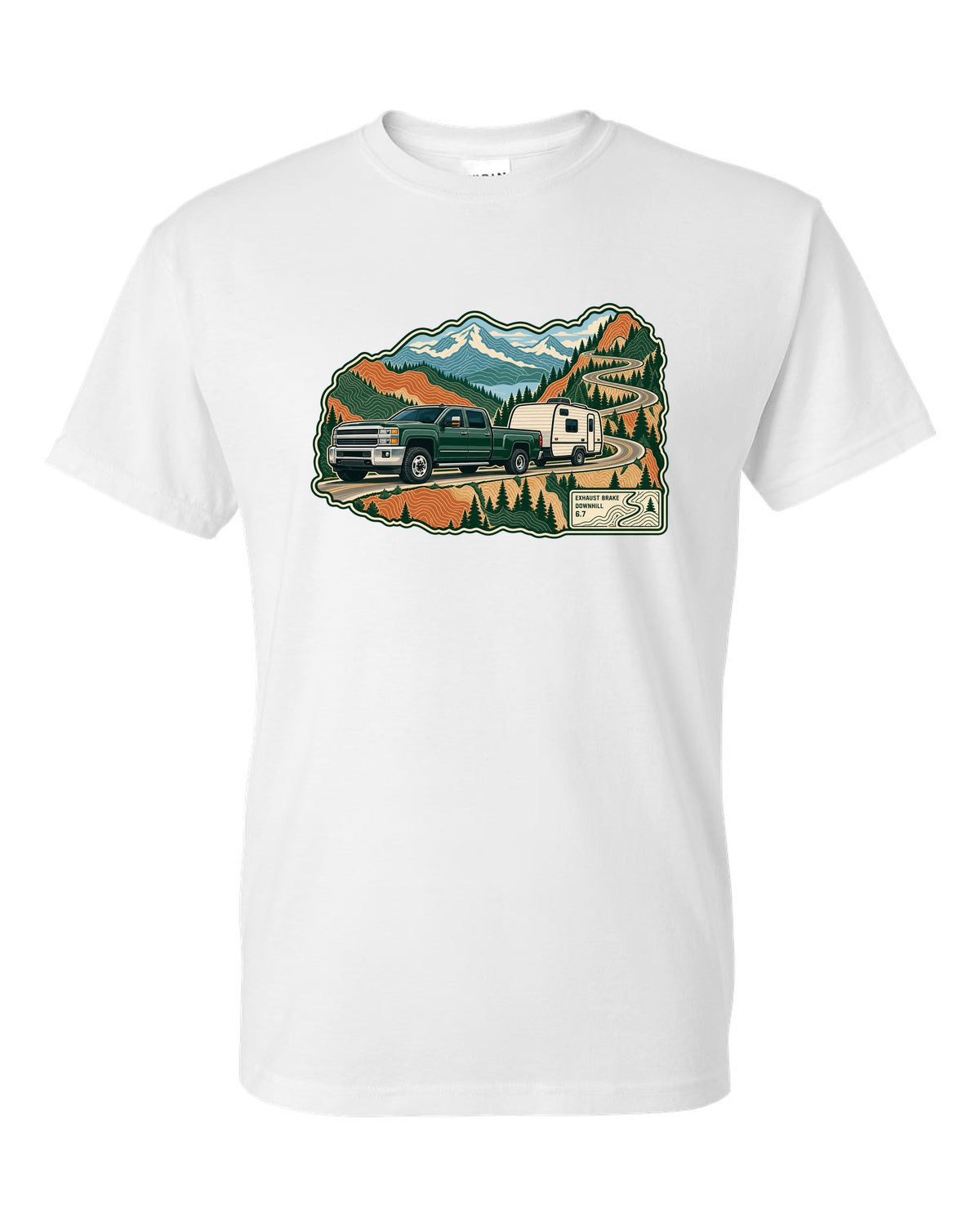 Topographic mountain pass print with a 2010-2018 Ram 2500 6.7 Cummins towing a camper white t-shirt front view with the design