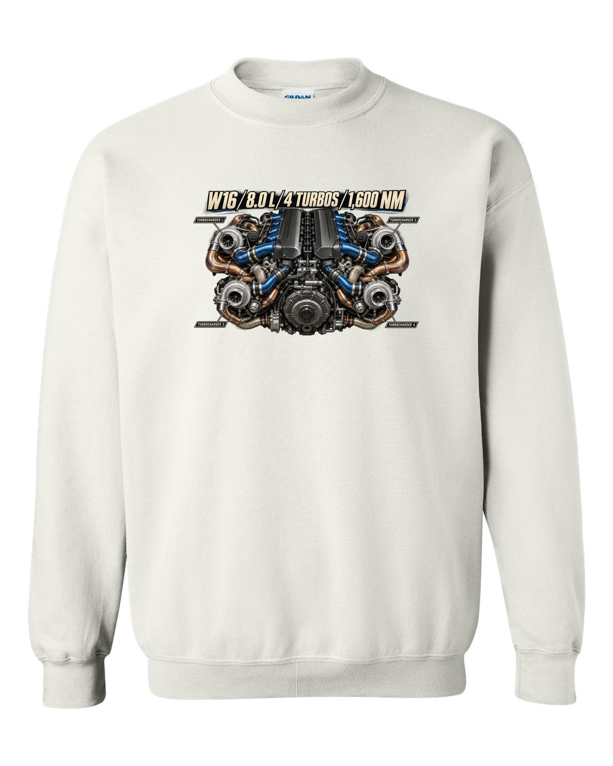 Bugatti W16 8.0 litre quad-turbo engine poster print white crewneck front view with the design