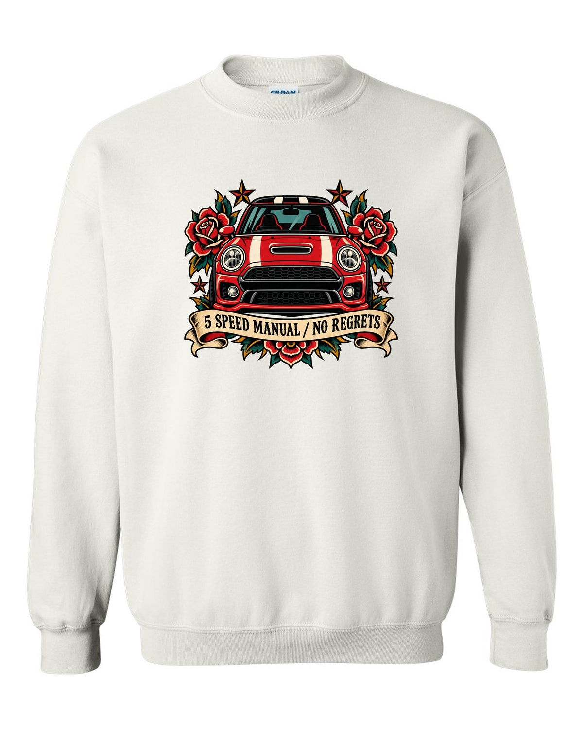 Tattoo flash style Fiat 500 Abarth with 5 speed manual no regrets lettering white crewneck front view with the design
