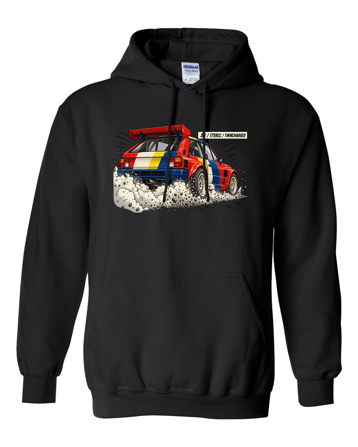 Retro manga halftone panel of the rear of a Lancia Delta S4 with twincharged lettering black pull over hoodie front view with the design