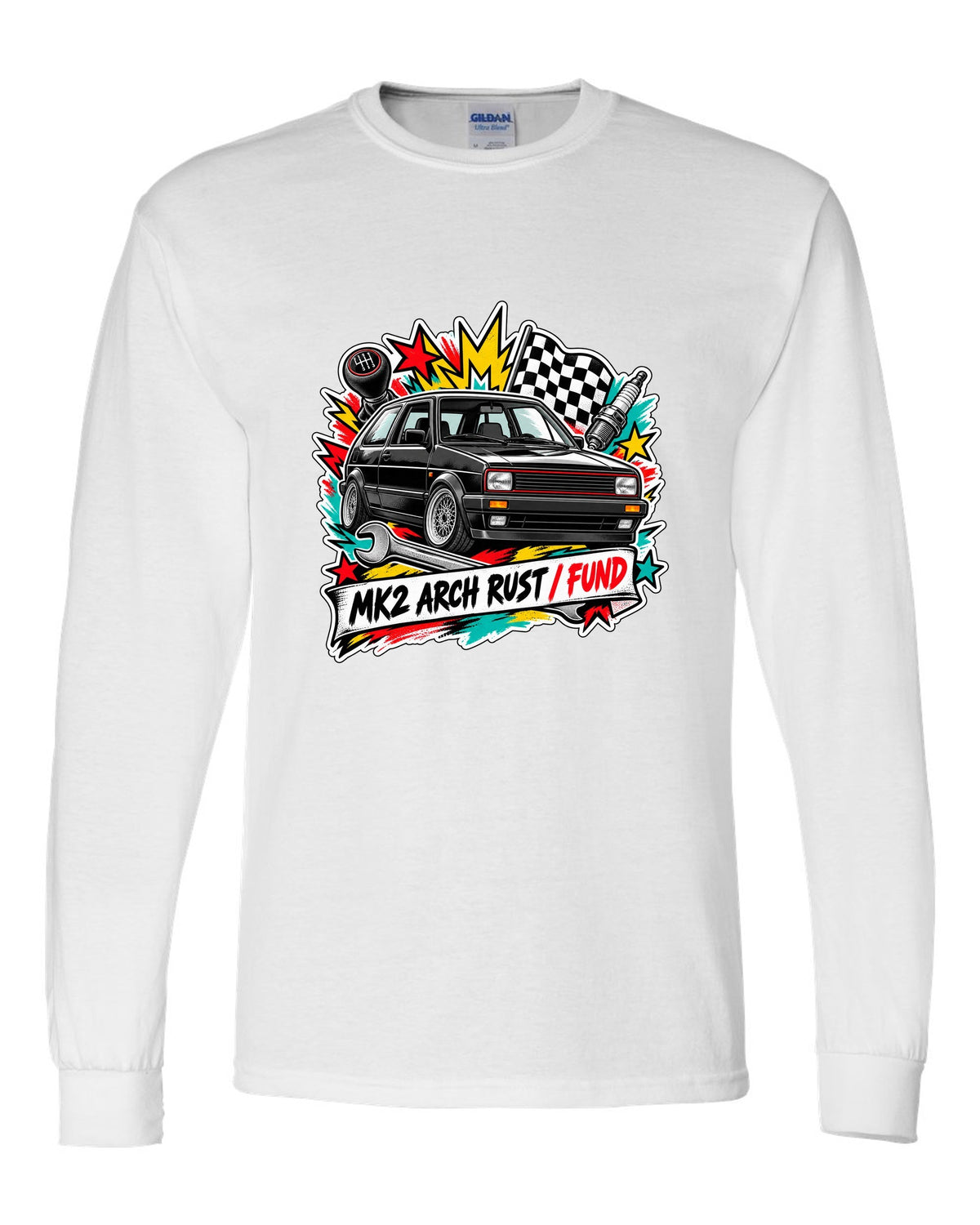 Sticker bomb collage print of a VW Golf Mk2 GTI with arch rust fund text white long sleeve front view with the design