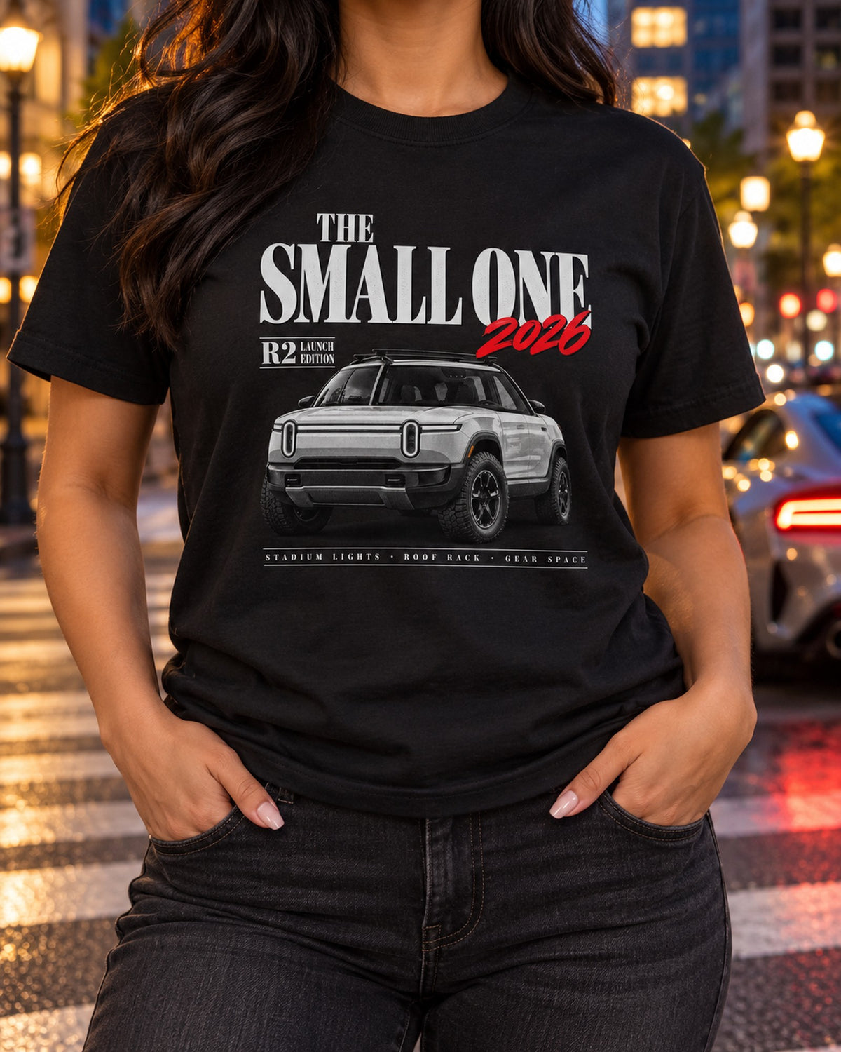 Rivian R2 2026 The Small One Editorial Tee, Launch Edition T-Shirt Black worn hero