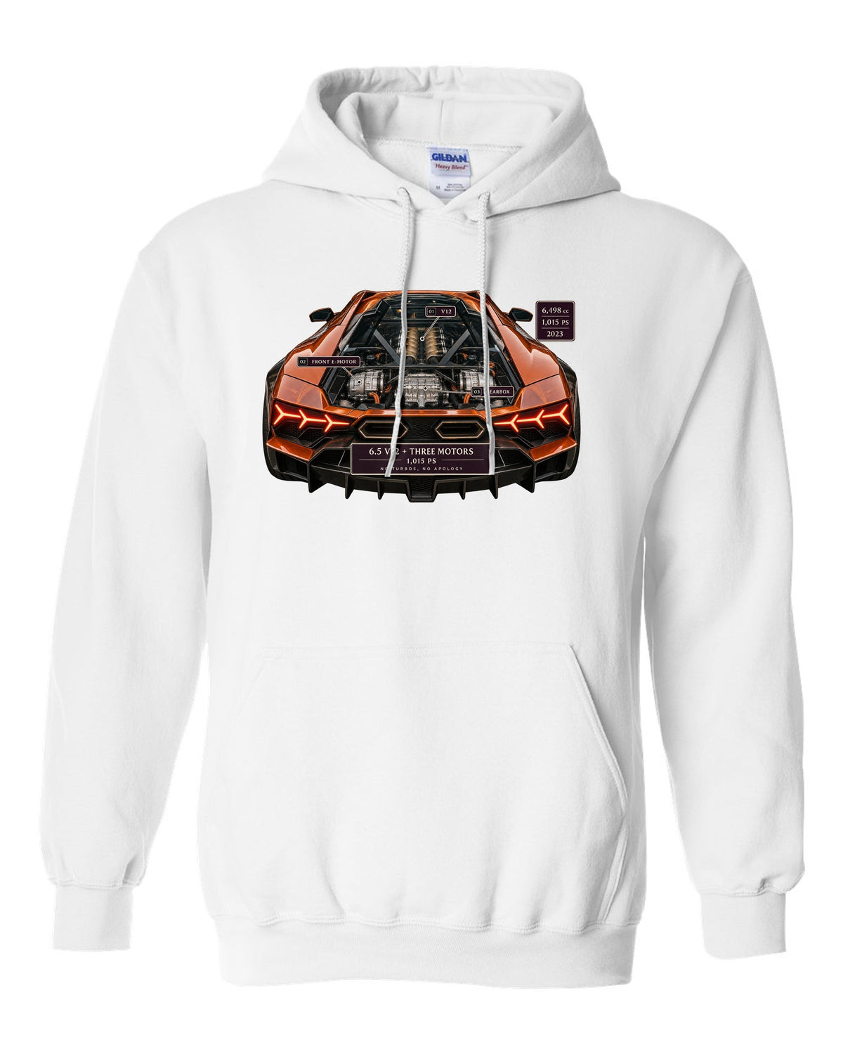 Engine hero print of a burnt orange Lamborghini Revuelto V12 white pull over hoodie front view with the design