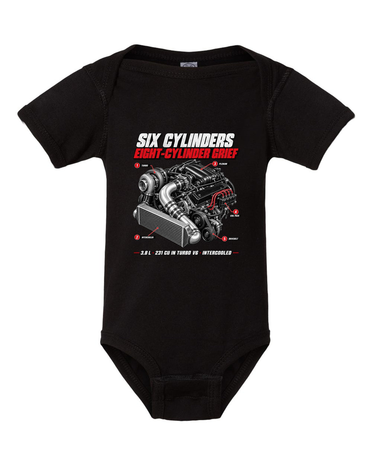 1987 Buick Grand National 3.8 turbo V6 engine callout print black baby onesie front view with the design