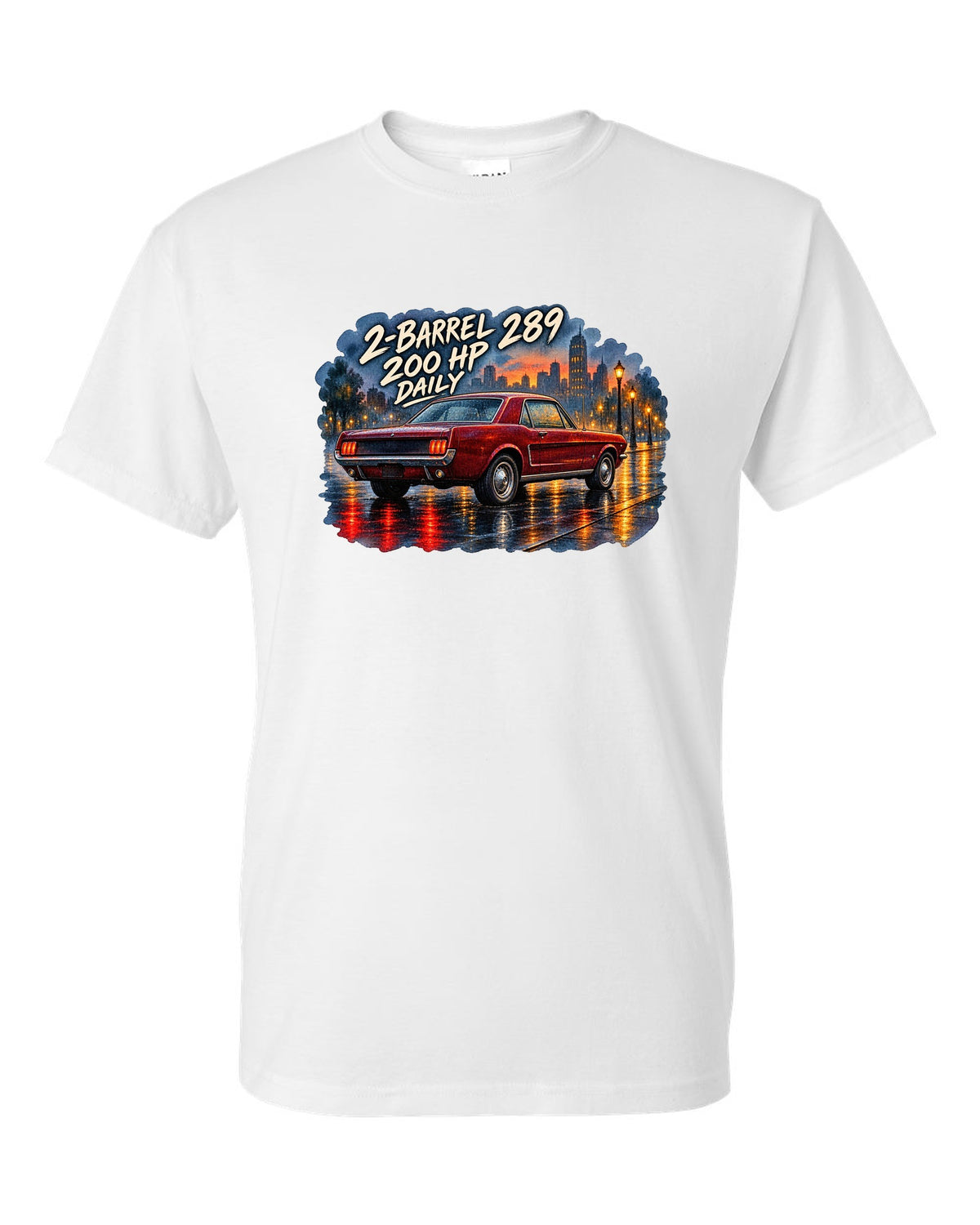 Watercolour wet-road night print of a 1965 Ford Mustang coupe with 2-barrel 289 text white t-shirt front view with the design