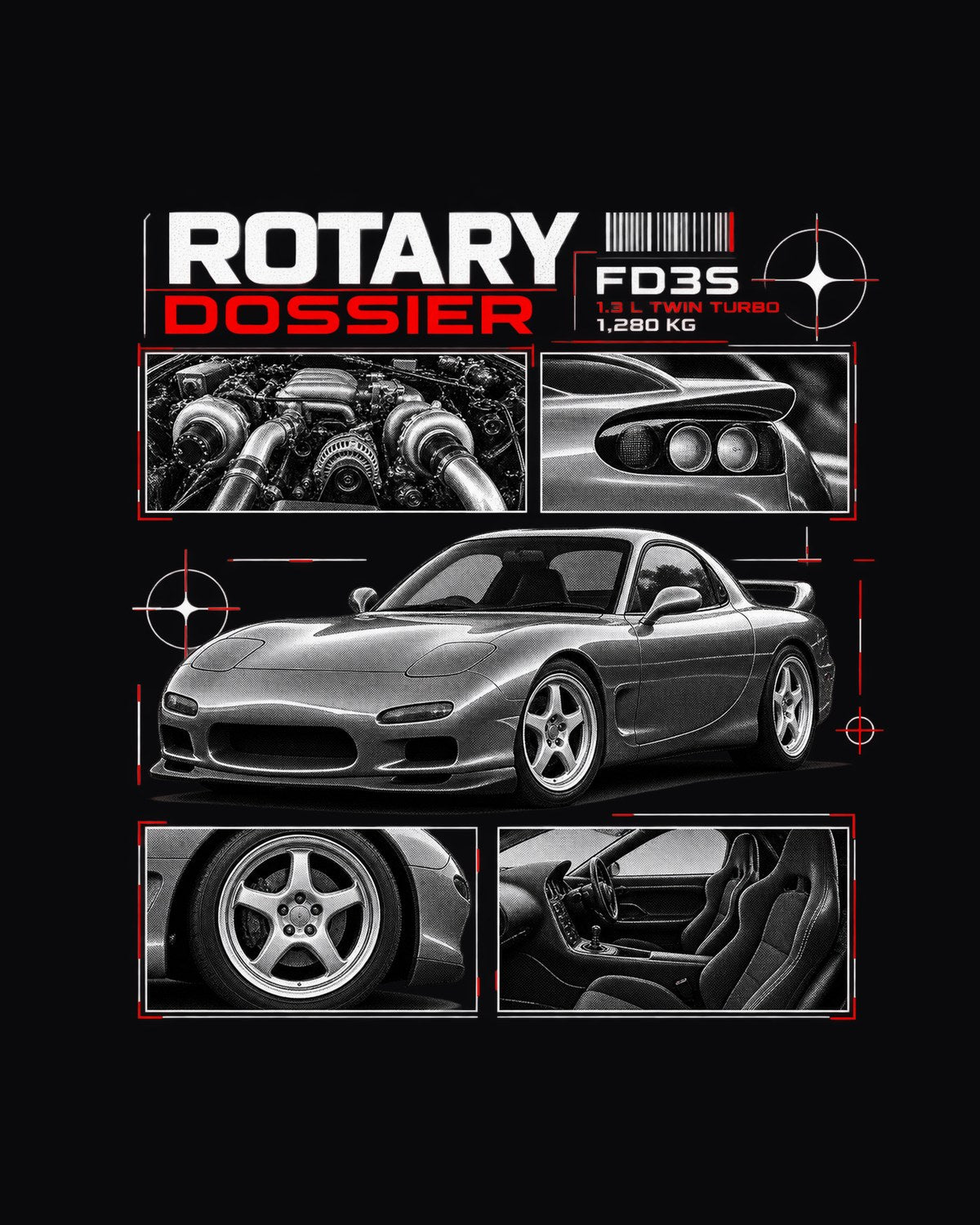 Mazda RX-7 FD3S Rotary Dossier print, Twin Turbo Tee design only