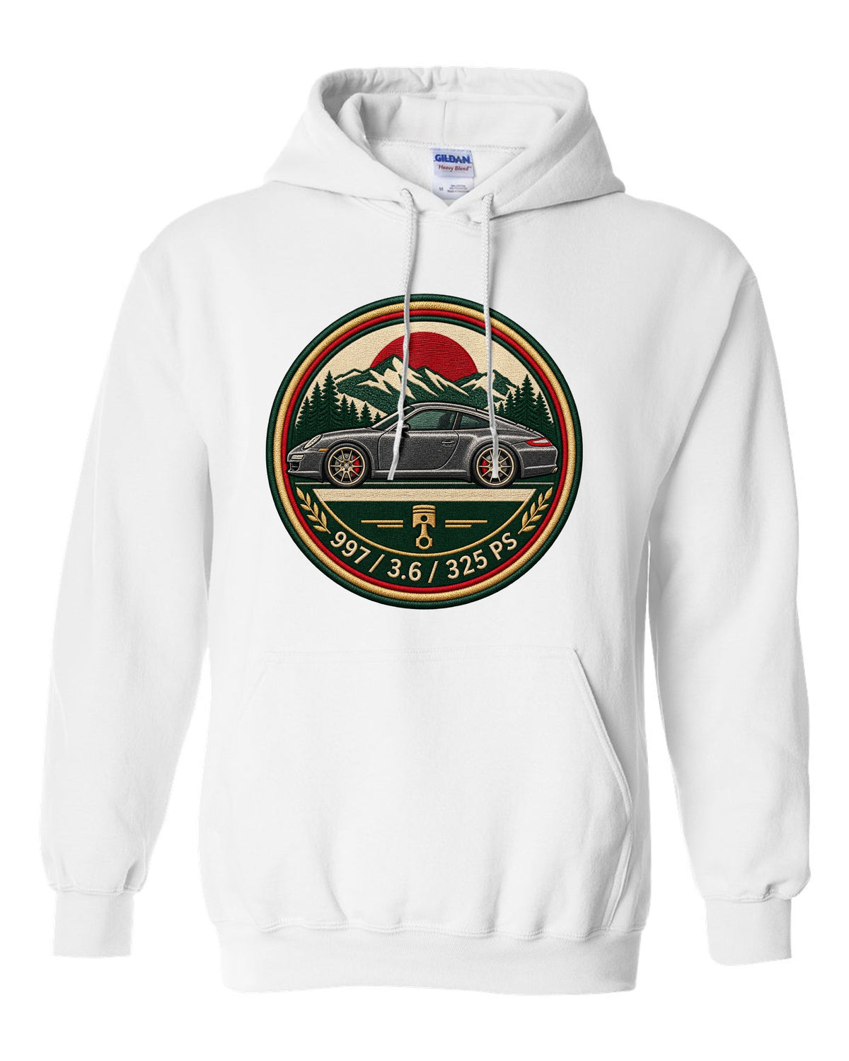 Round crest print of a Porsche 911 996 with the text 996, 3.4 and 300 PS white pull over hoodie front view with the design