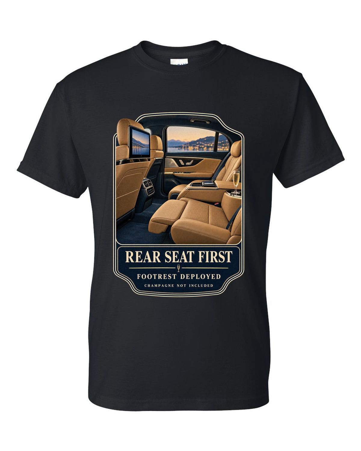 print of the Mercedes-Maybach S680 rear executive cabin with footrest deployed black t-shirt front view with the design