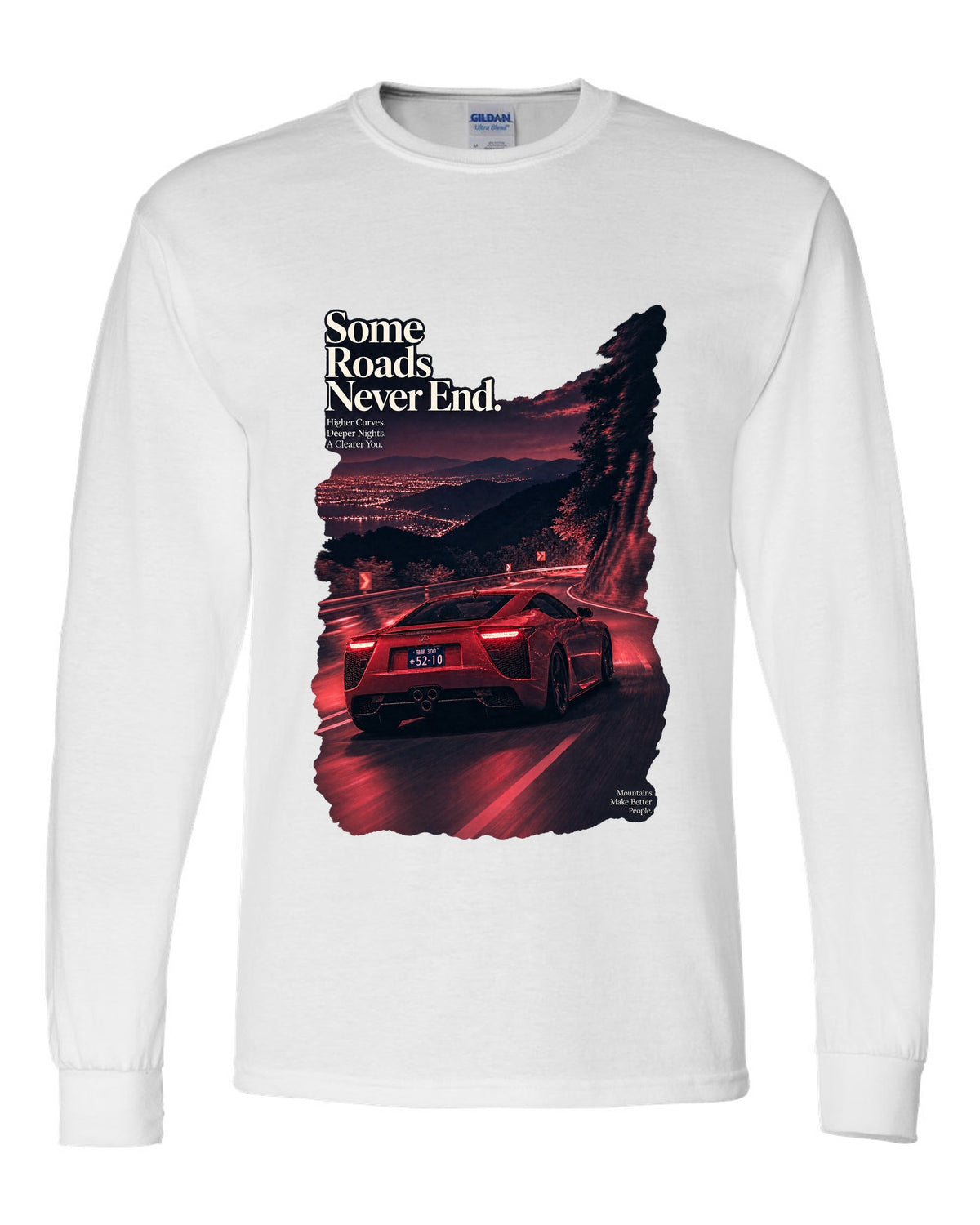 Night touge scene with the Lexus LFA in magenta-red monochrome white long sleeve front view with the design