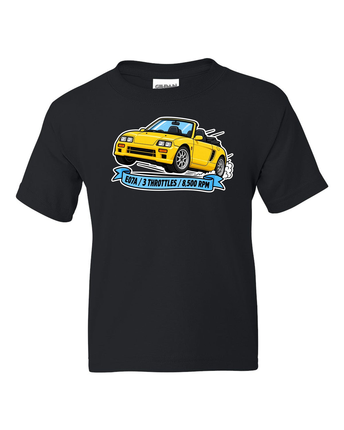 Sticker-style illustration of a Honda Beat PP1 with E07A engine and 8,500 rpm lettering black kids tee front view with the design