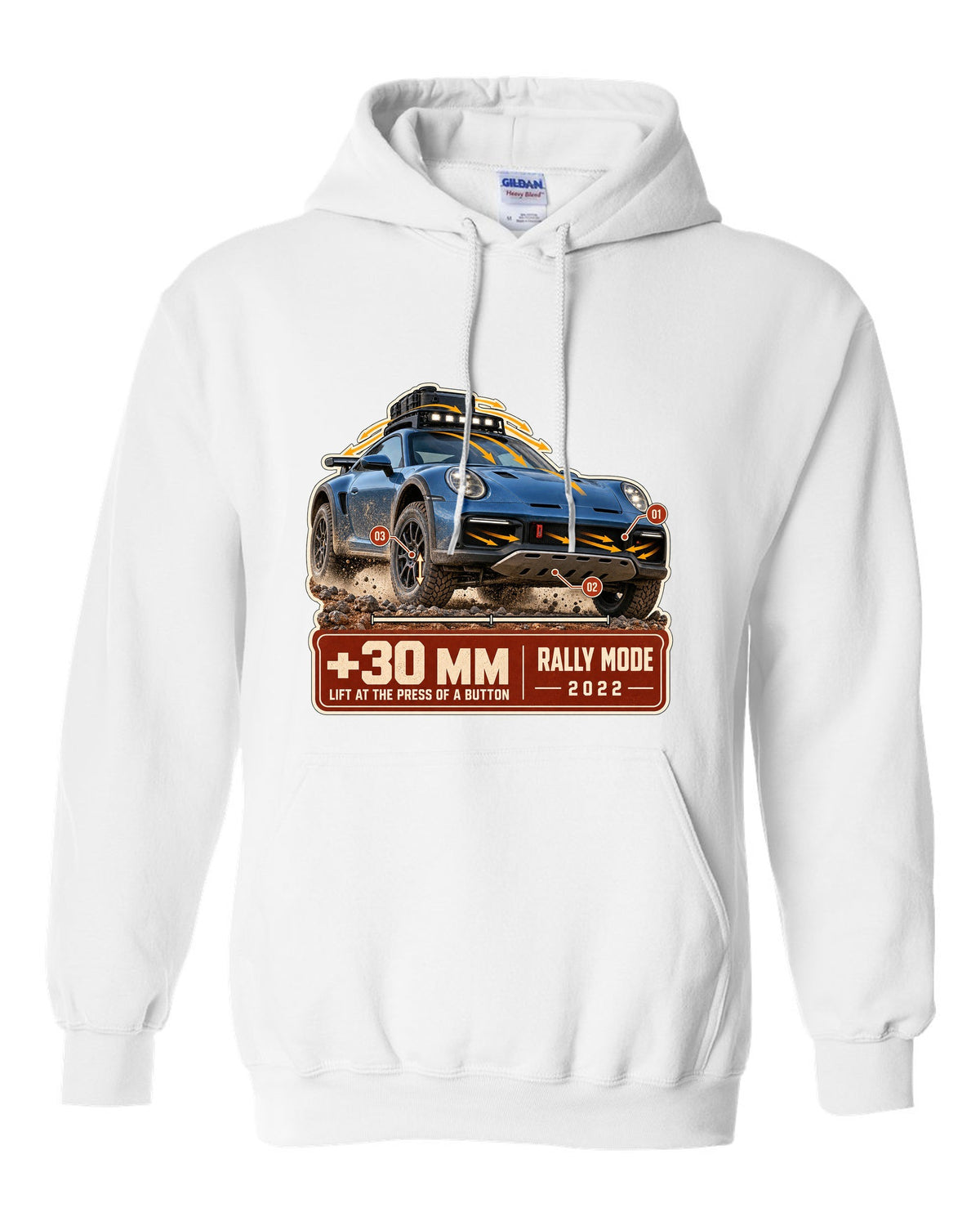 Aero callout print of a Porsche 911 Dakar 992 showing the lift feature white pull over hoodie front view with the design