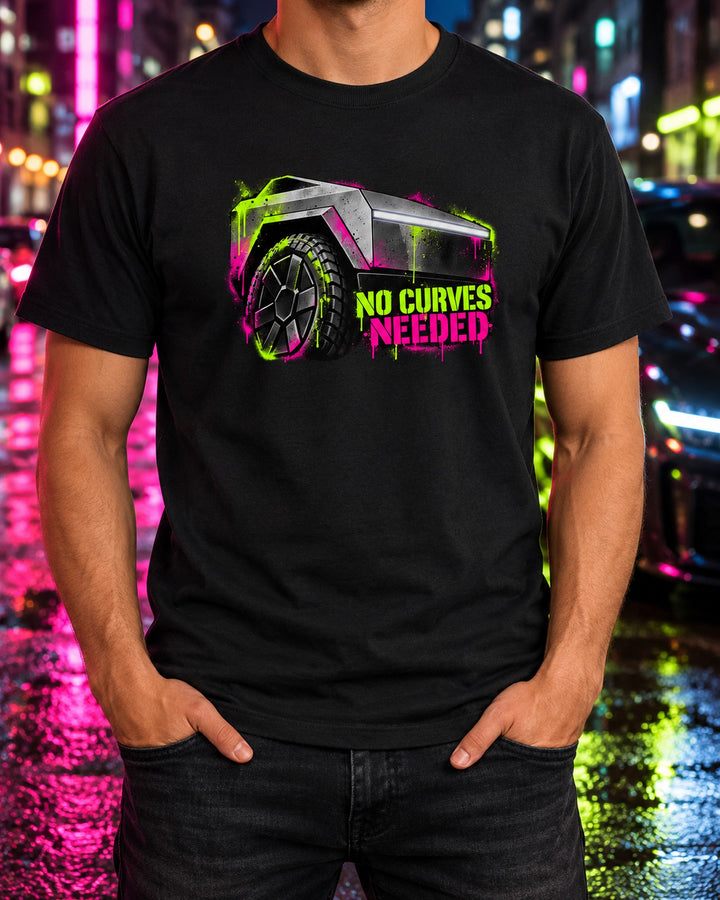 Cybertruck Spray Stencil Street Art Shirt, No Curves Needed T-Shirt Black worn hero