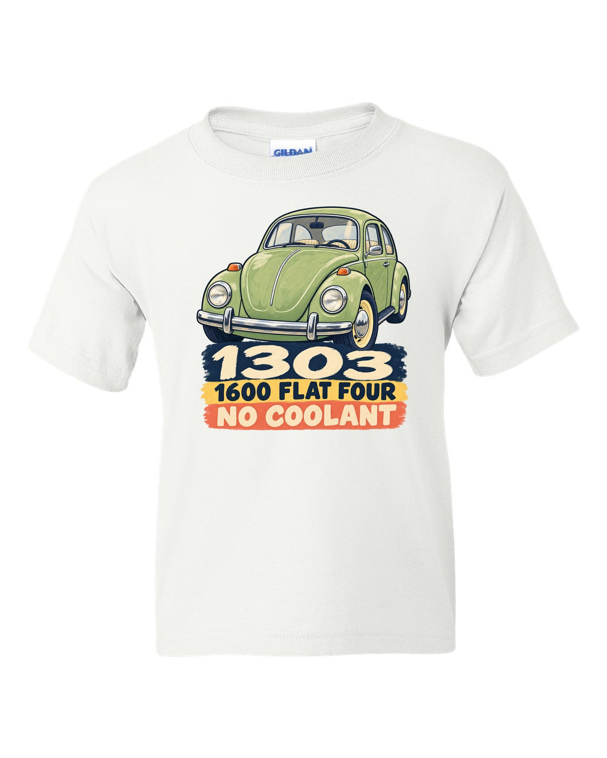 Gouache-style painted flat colour print of a VW Beetle Type 1 1303 with 1600 flat four lettering white kids tee front view with the design