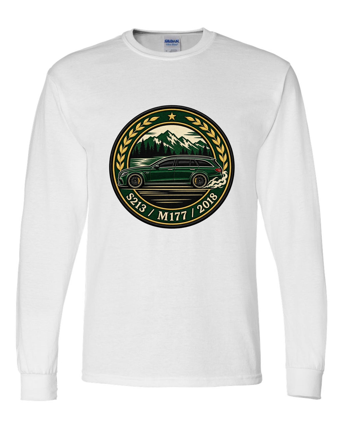 Embroidery-style varsity crest of a Mercedes E63 AMG Wagon S213 with M177 white long sleeve front view with the design
