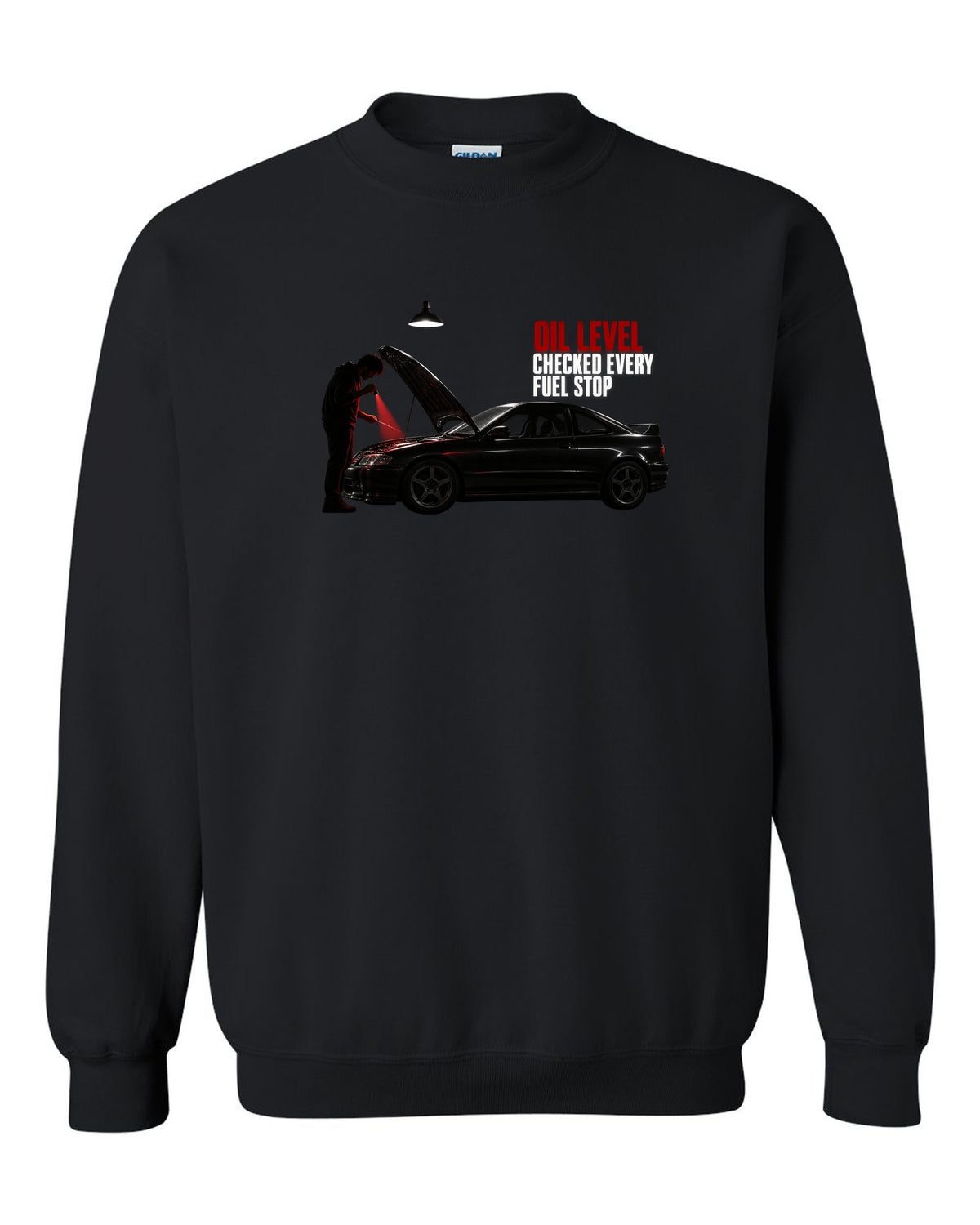 BMW E46 M3 coupe garage night print with oil level checked every fuel stop text black crewneck front view with the design
