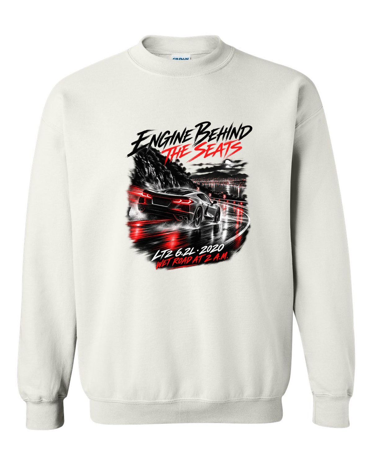 Corvette C8 Stingray driving on a wet road at night white crewneck front view with the design