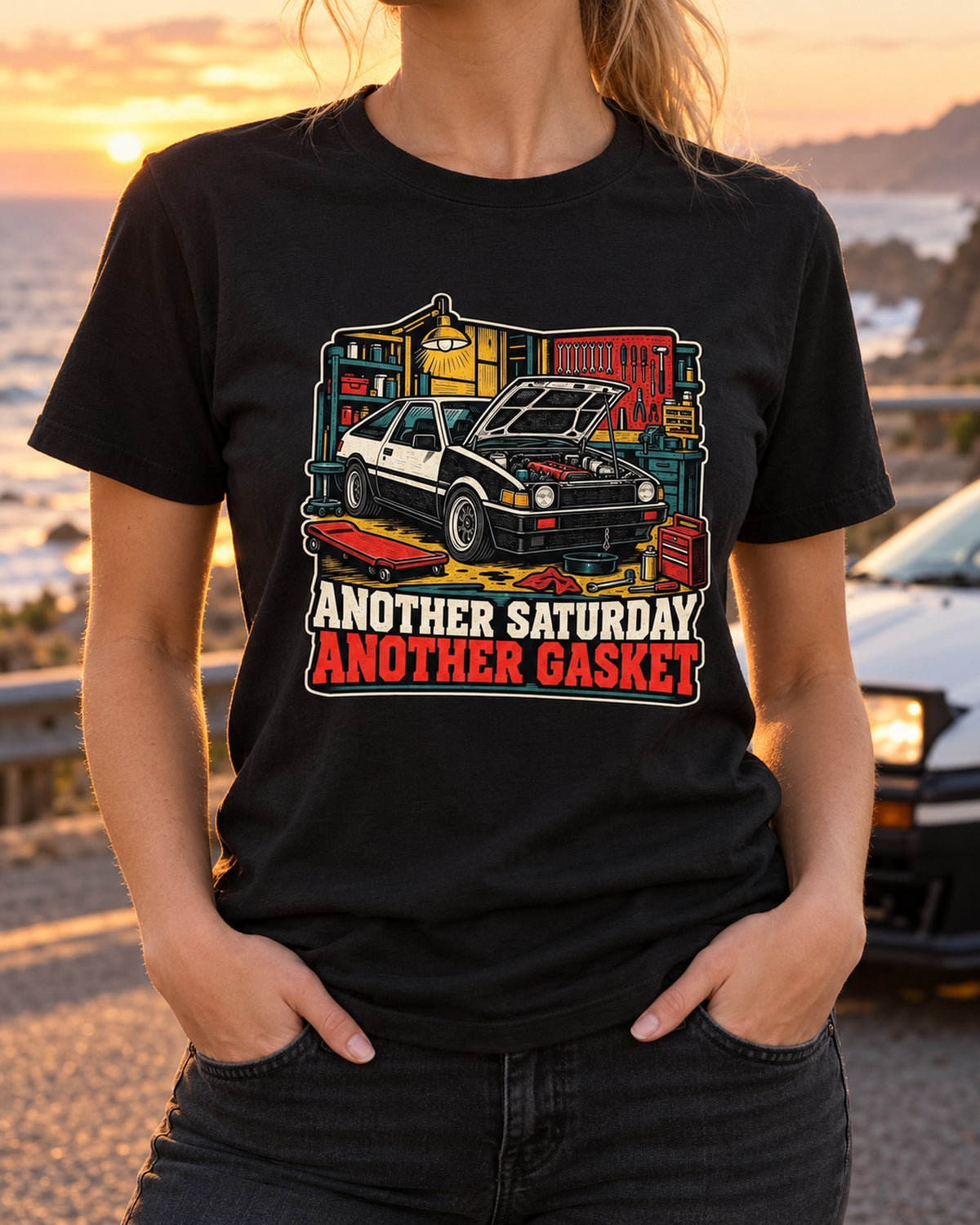 Corolla Levin AE86 Linocut Shirt, Another Saturday Another Gasket, Design 6373 T-Shirt Black worn hero
