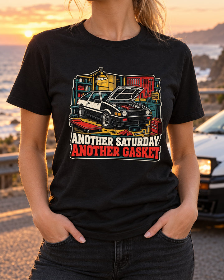 Corolla Levin AE86 Linocut Shirt, Another Saturday Another Gasket, Design 6373 T-Shirt Black worn hero