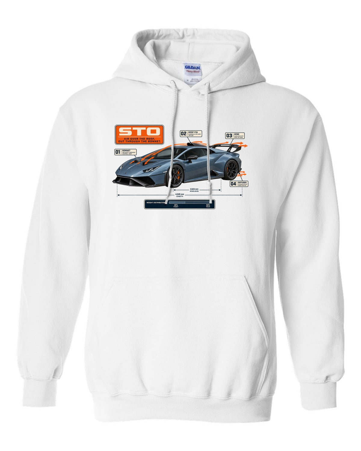 Aero callout print of the Lamborghini Huracan STO showing airflow white pull over hoodie front view with the design