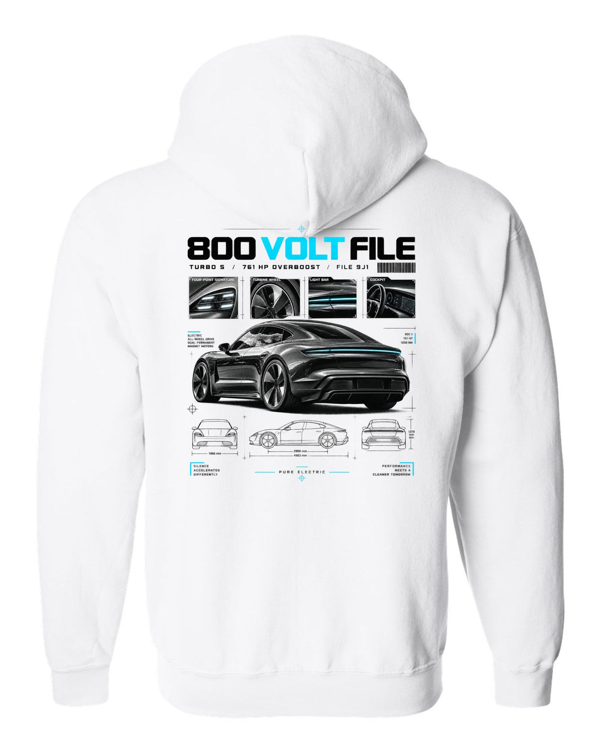 Dossier panel print of a 2020 Porsche Taycan Turbo S 9J1 with turbine wheel and light bar white zip hoodie back view with the design
