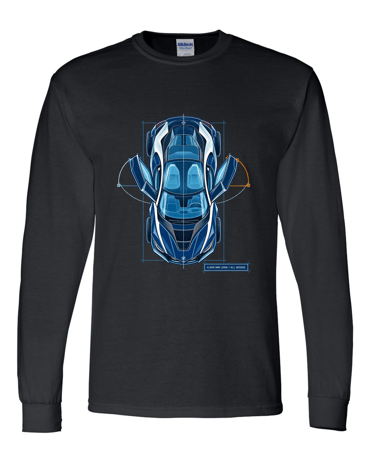 BMW i8 I12 cyanotype blueprint plan view print with 4,689 mm long text black long sleeve front view with the design