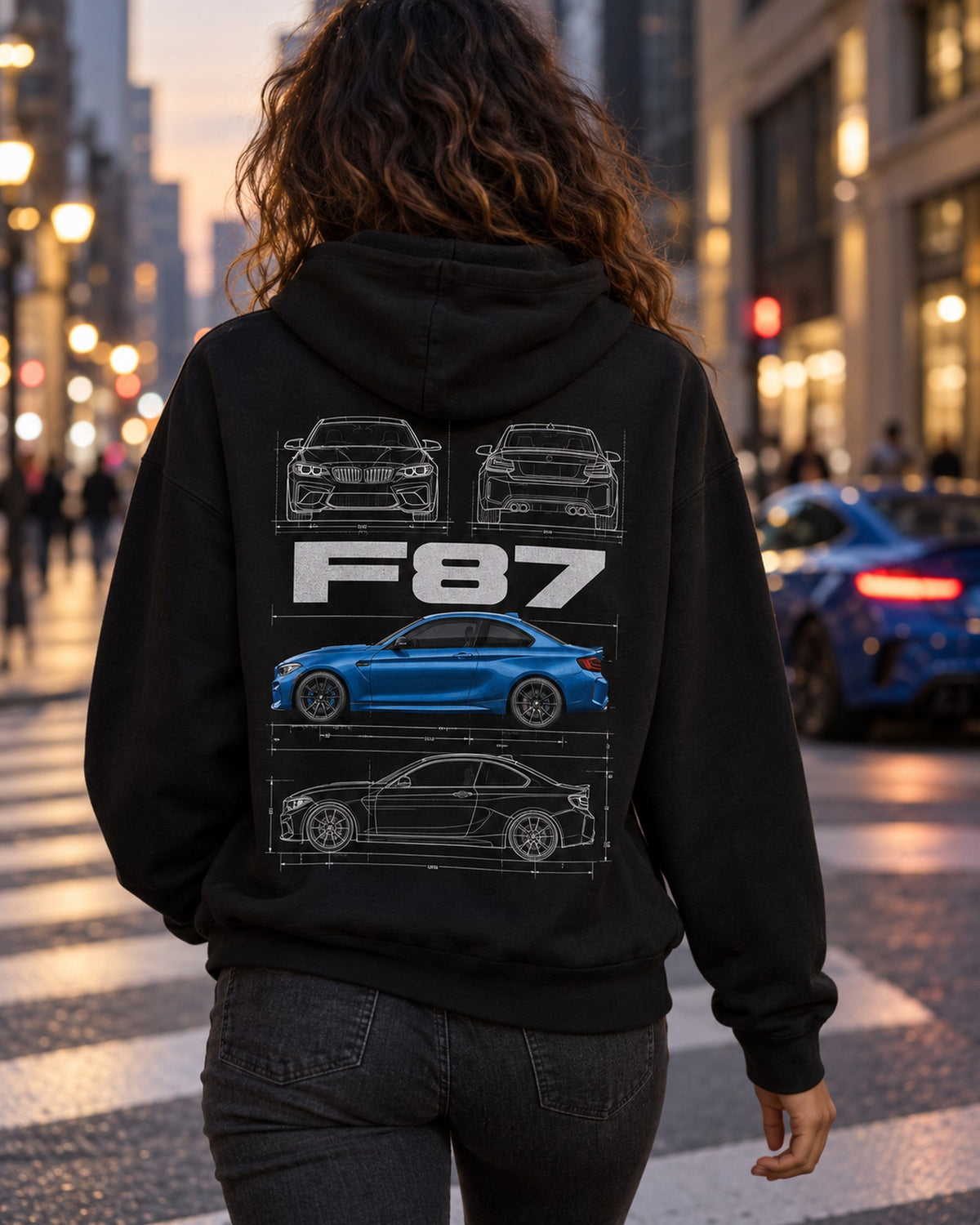BMW F87 M2 compact coupe Blueprint Full-Back Graphic Tee, F87 Chassis Code Pull Over Hoodie Black worn hero