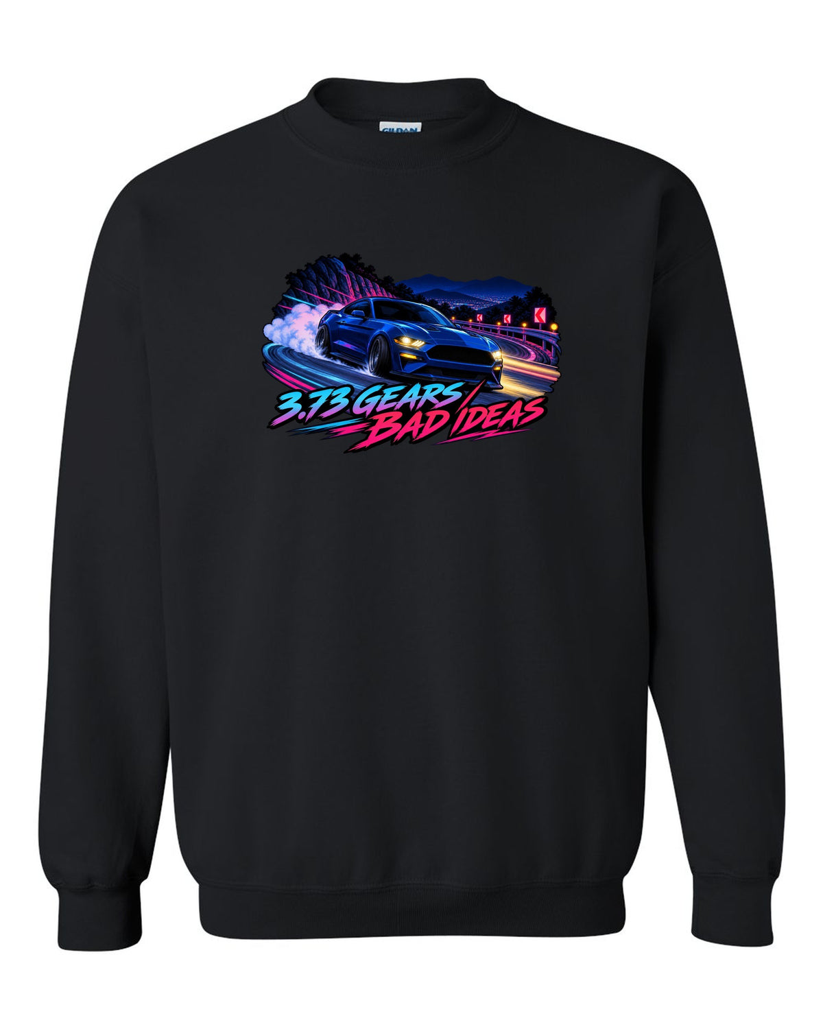 Cel-shaded anime night touge print of a 2015-2023 S550 Mustang fastback with 3.73 Gears text black crewneck front view with the design