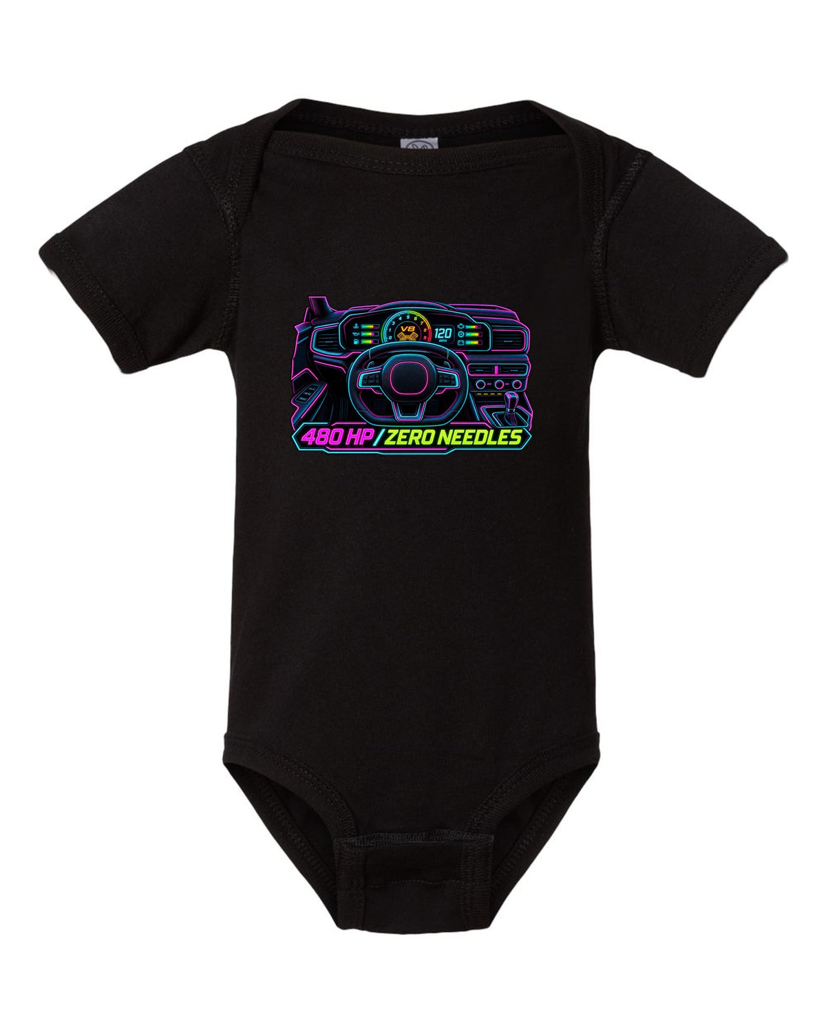 Neon gauge-cluster HUD print of a Ford Mustang S650 GT 2024 with 480 HP text black baby onesie front view with the design