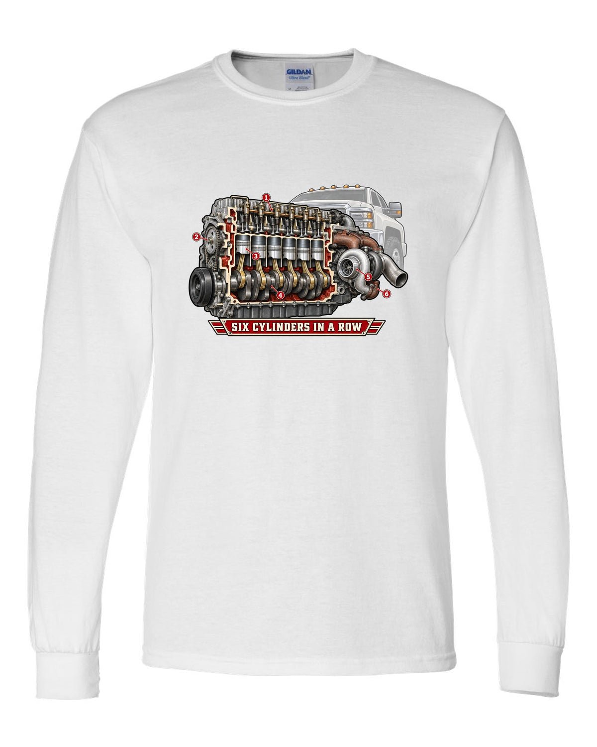 Cutaway diagram print of an inline-six diesel engine from a Dodge Ram 2nd gen with six cylinders in a row text white long sleeve front view with the design
