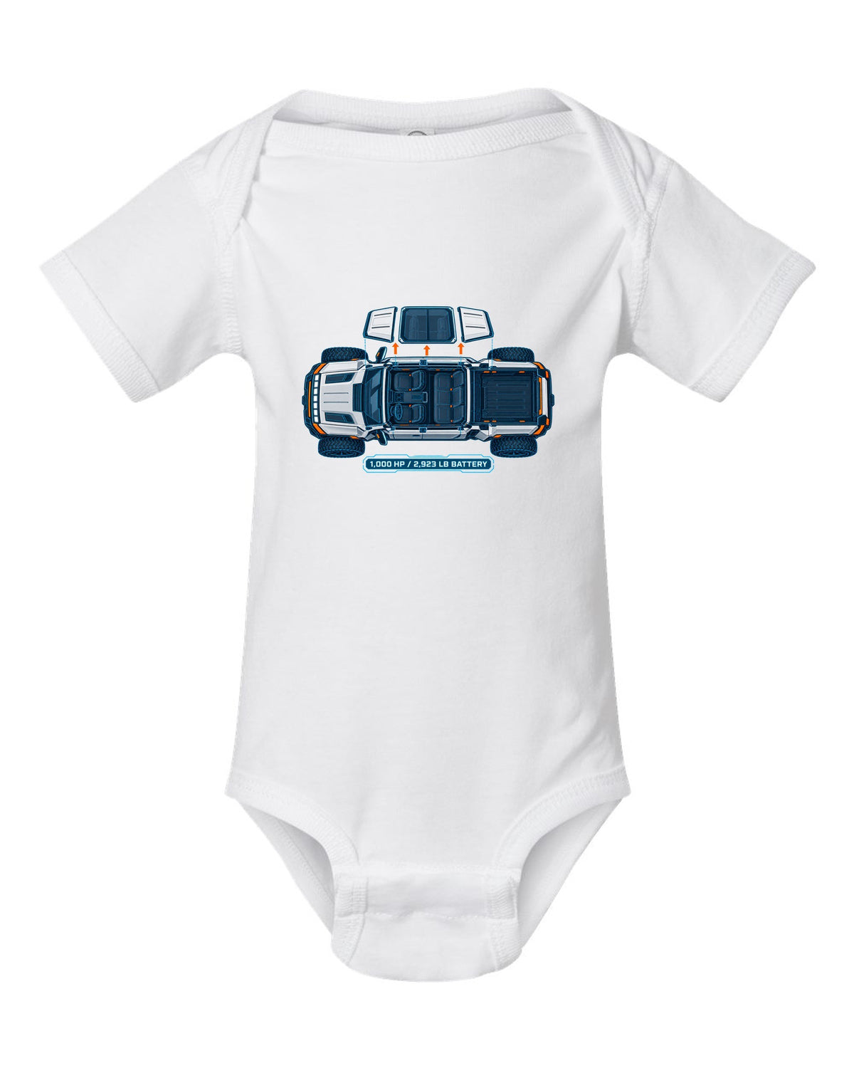 GMC Hummer EV roof panels shown as a white and cyan blueprint with 1,000 HP and battery weight white baby onesie front view with the design