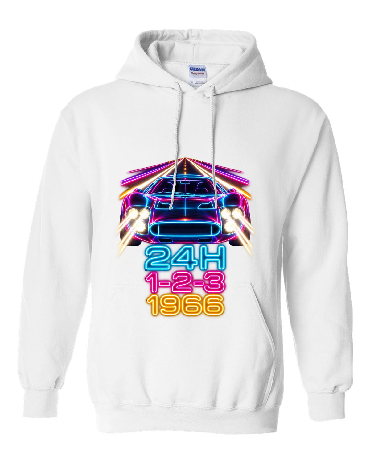 Neon long-exposure light trail print of a 1966 Ford GT40 Mk II with 24H 1-2-3 lettering white pull over hoodie front view with the design