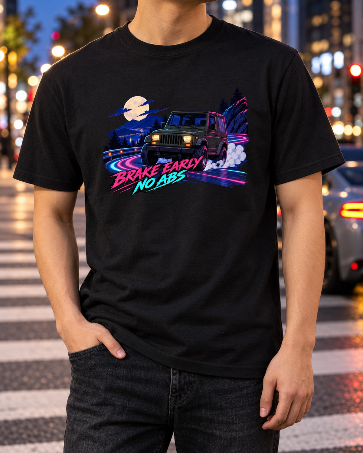 Jeep Wrangler YJ Touge No ABS Anime Night Tee, Car Guy Gift T-Shirt Black worn hero