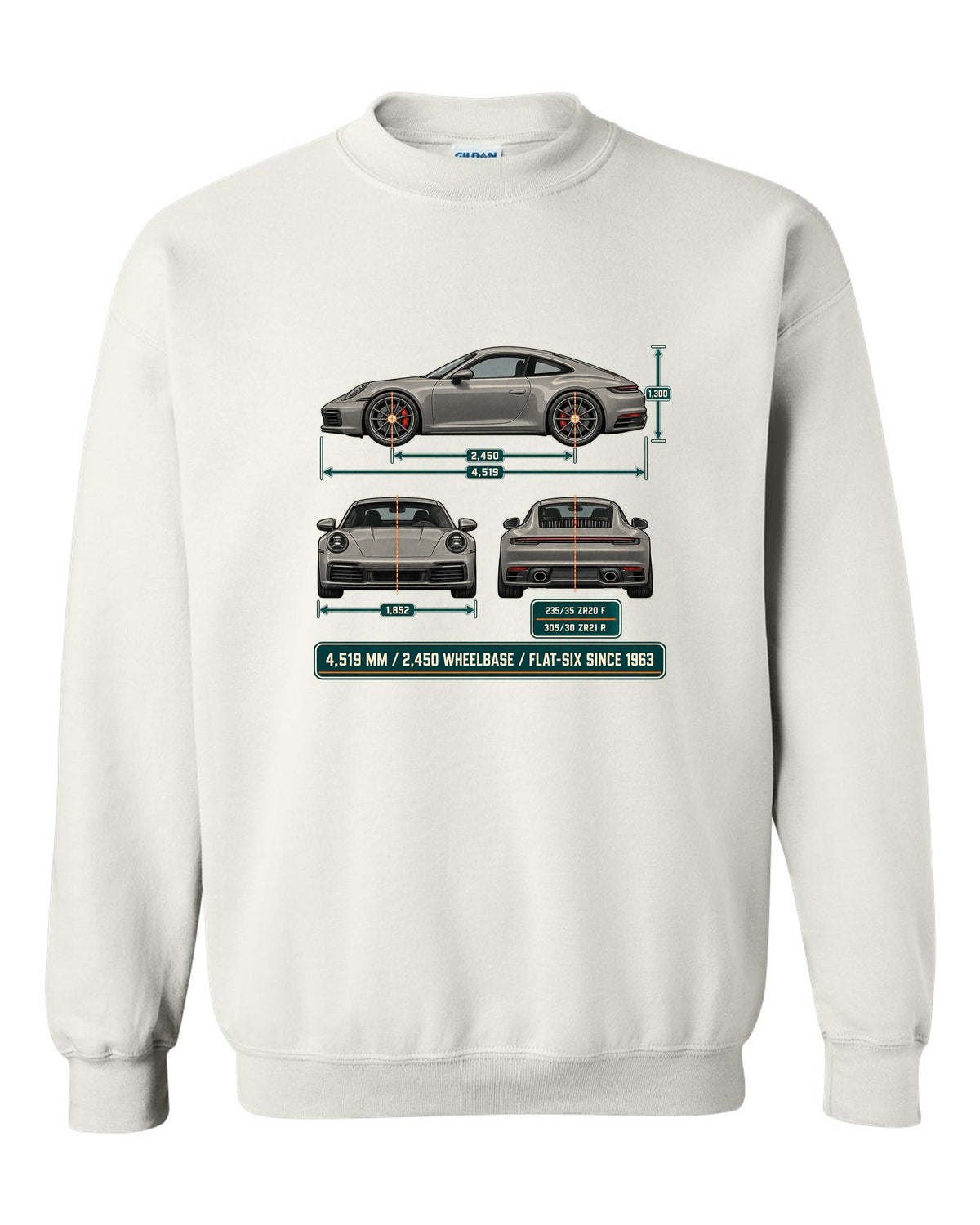 Dimension blueprint print of a Porsche 992 Carrera S with measurements white crewneck front view with the design