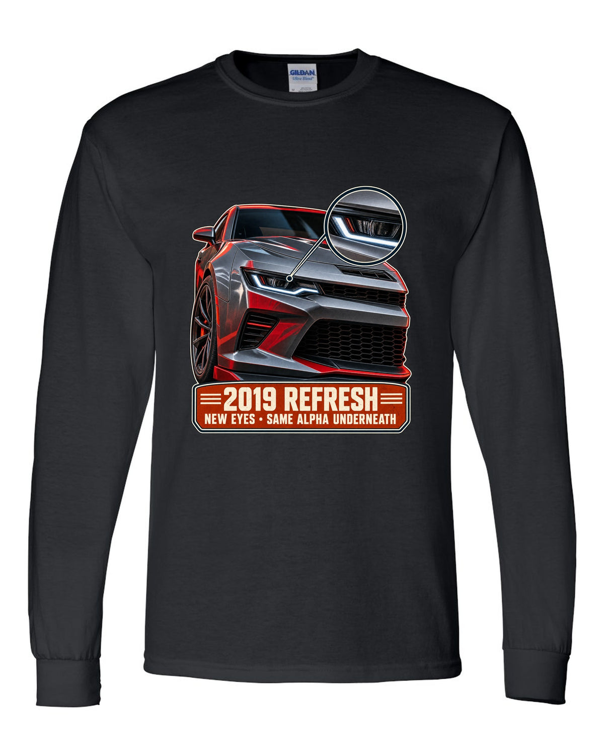 Macro detail print of a 2019 Chevrolet Camaro SS refresh black long sleeve front view with the design
