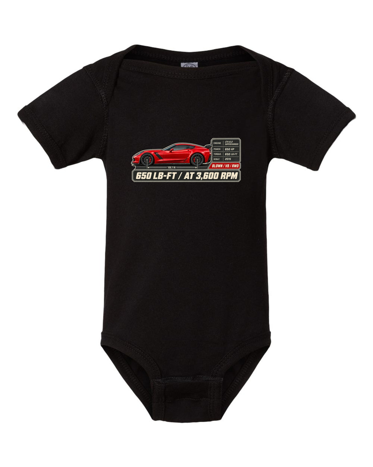 print of a Chevrolet Corvette C7 Z06 spec poster showing 650 lb-ft at 3,600 rpm black baby onesie front view with the design