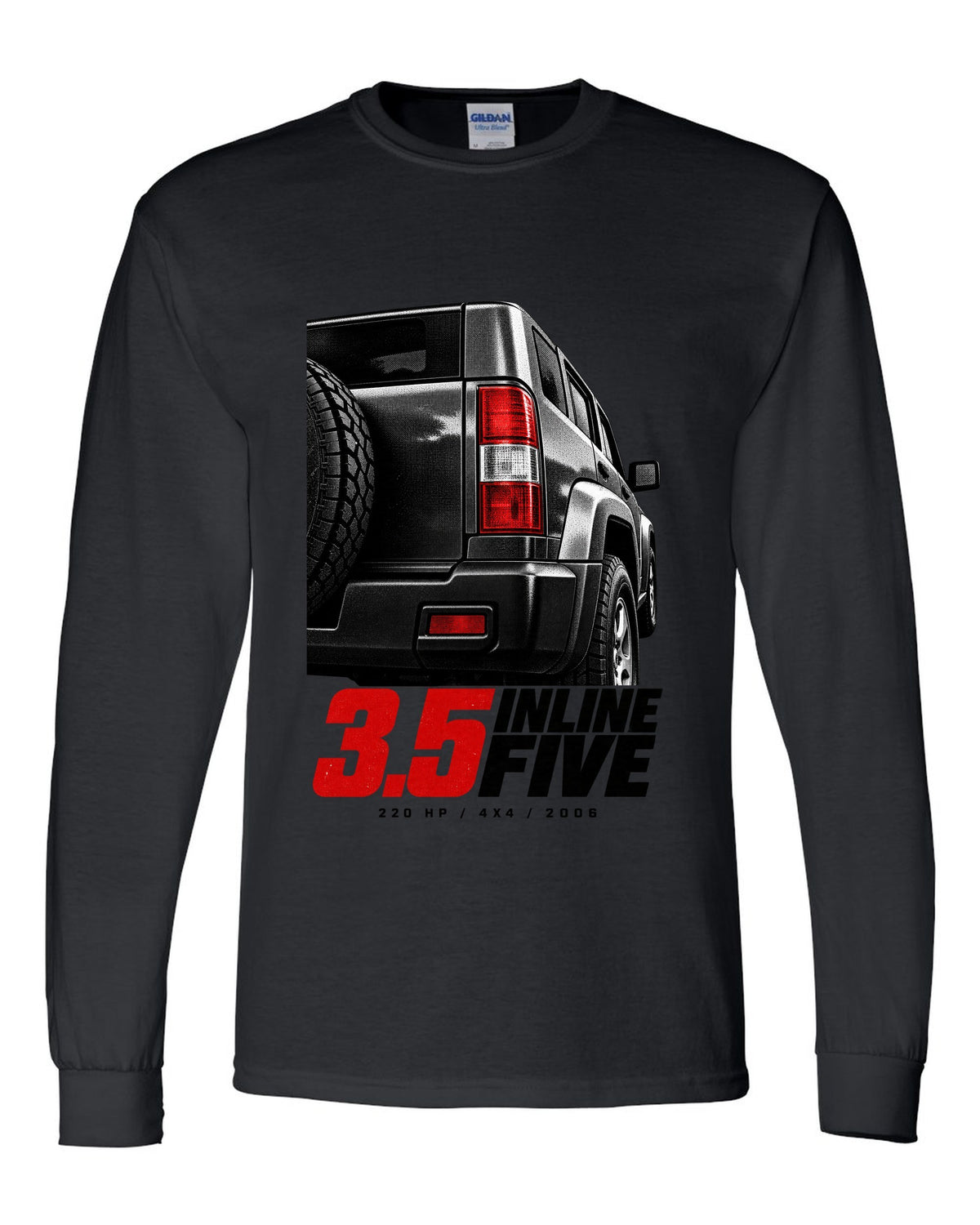 Macro print of a 2006-10 Hummer H3 taillight with engine lettering black long sleeve front view with the design
